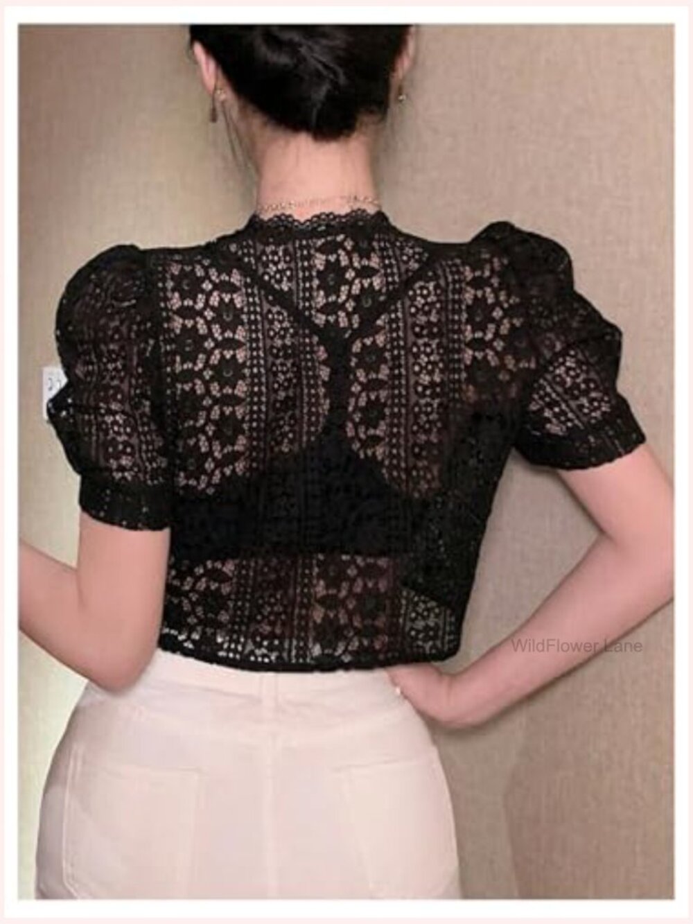 Sheer Mesh Lace Button Down Crop Top Puff Sleeve Elegant Blouse - Picture 3 of 5